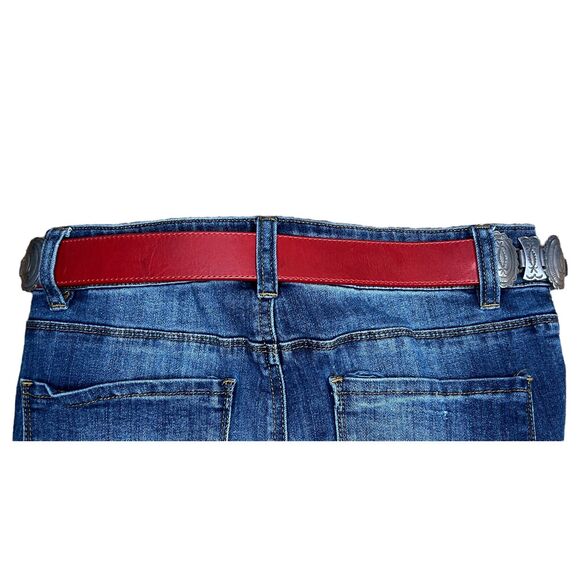 Justin VTG Concho Link Belt Womens Red Leather Silver Tone Western 532RD 37" - Picture 2 of 6